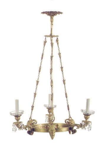 A FRENCH ORMOLU CUT-GLASS AND RED-GLASS THREE-LIGHT CHANDELIER,