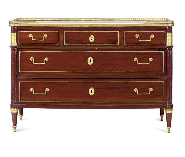 A LOUIS XVI BRASS AND ORMOLU-MOUNTED MAHOGANY COMMODE,