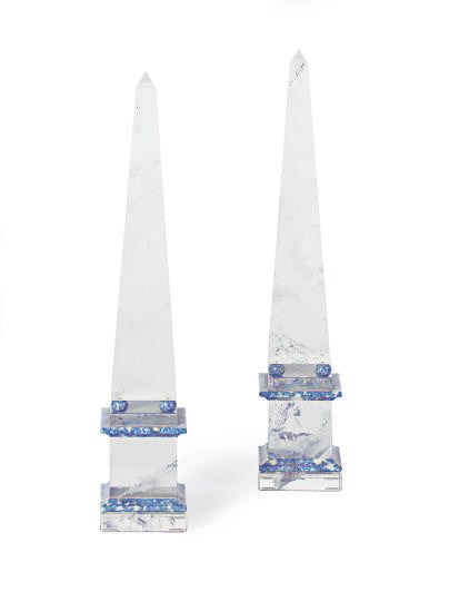 A PAIR OF ROCK CRYSTAL AND LAPIS LAZULI OBELISKS,