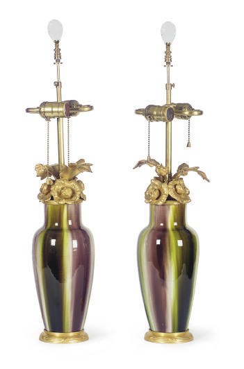 A PAIR OF FLORAL GILT-METAL MOUNTED DRIP-GLAZED PORCELAIN TABLE LAMPS,