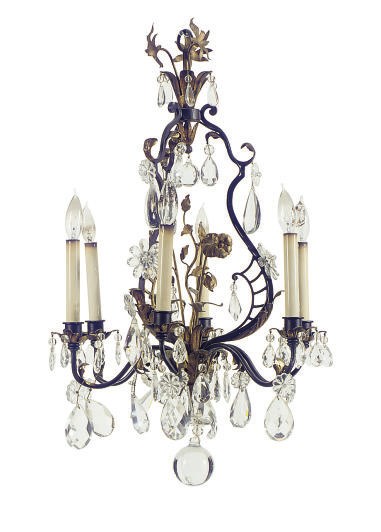 A PARCEL-GILT METAL AND CUT-GLASS SIX-LIGHT CHANDELIER,