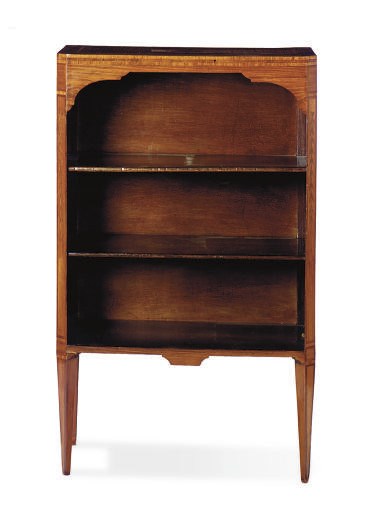A KINGWOOD, ROSEWOOD, FRUITWOOD AND MARQUETRY OPEN BOOKCASE**,