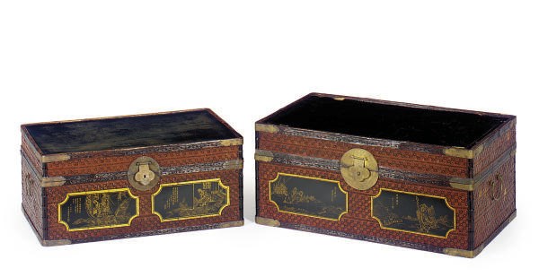 TWO JAPANESE GILT-DECORATED LACQUERED AND WOVEN TRUNKS,