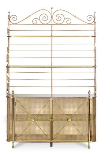 A PATINATED METAL, BRASS, AND GLASS BOOKCASE CABINET,