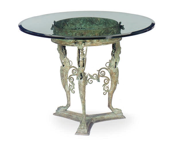 A VERDIGRIS BRONZE AND GLASS SIDE TABLE,