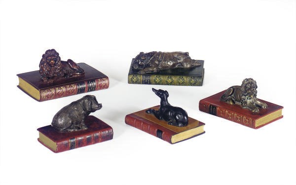 A GROUP OF FIVE SIMULATED BRONZE AND BOOK-FORM PAPERWEIGHTS,