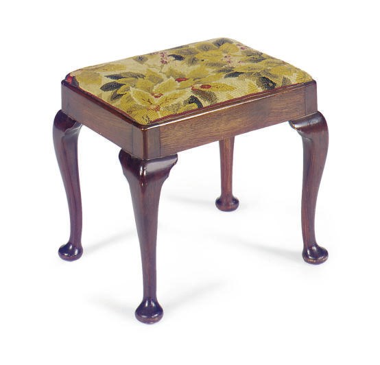 A WALNUT AND NEEDLEWORK UPHOLSTERED STOOL,