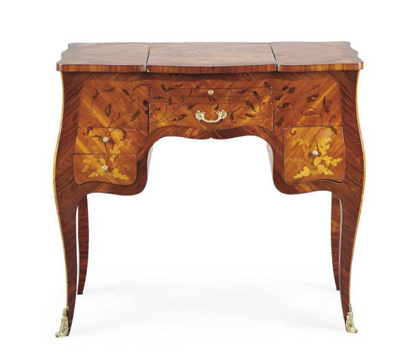 A FRENCH KINGWOOD, TULIPWOOD, MAHOGANY AND MARQUETRY POUDREUSE,