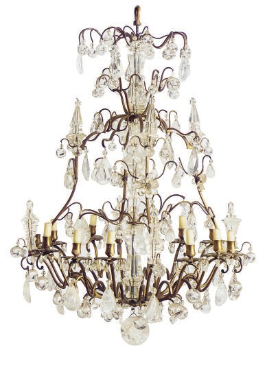A GILT-METAL, ROCK CRYSTAL AND CUT-GLASS TWELVE-LIGHT CHANDELIER,