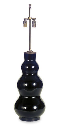 A PAIR OF BLACK-GLAZED CERAMIC TRIPLE-GOURD TABLE LAMPS,