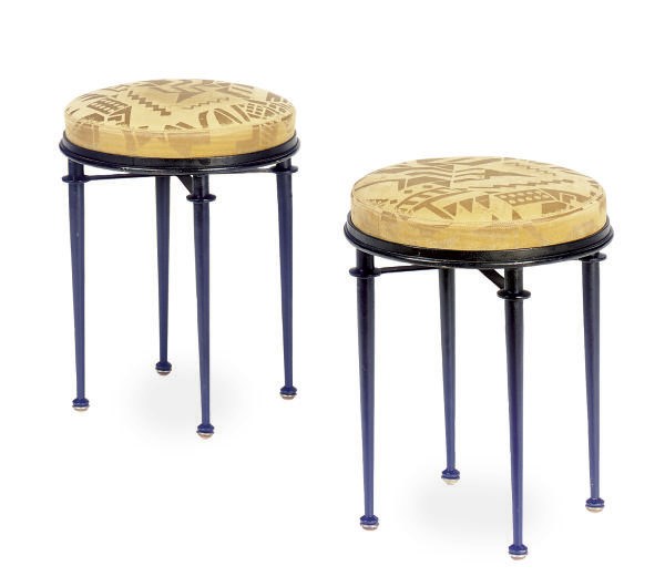 A PAIR OF ENAMELED METAL AND UPHOLSTERED STOOLS,