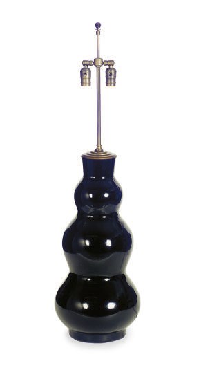 A PAIR OF BLACK-GLAZED CERAMIC TRIPLE-GOURD TABLE LAMPS,