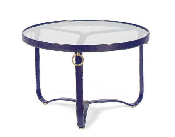 A LEATHER, BRASS AND GLASS SIDE TABLE,