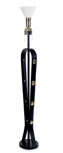 A BLACK LEATHER AND BRASS FLOOR LAMP,