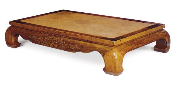 A CHINESE HARDWOOD AND SIMULATED CANING LARGE LOW TABLE,