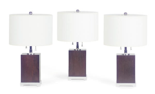 A SET OF FOUR CHROME-MOUNTED MAHOGANY TABLE LAMPS,