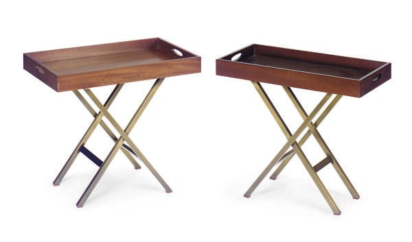 FOUR WALNUT AND METAL BUTLER'S TRAYS-ON-STANDS,
