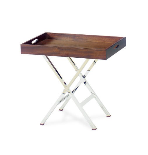 THREE WALNUT AND CHROMED-METAL BUTLER'S TRAYS-ON-STANDS,