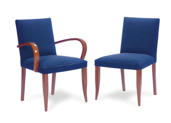 A SET OF SIX STAINED WALNUT AND BLUE TWILL UPHOLSTERED CHAIRS,
