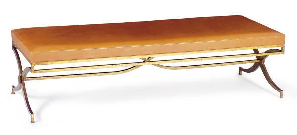 A GILT-METAL AND LEATHER BENCH,