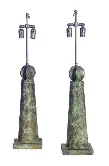 A PAIR OF BRONZE TABLE LAMPS,