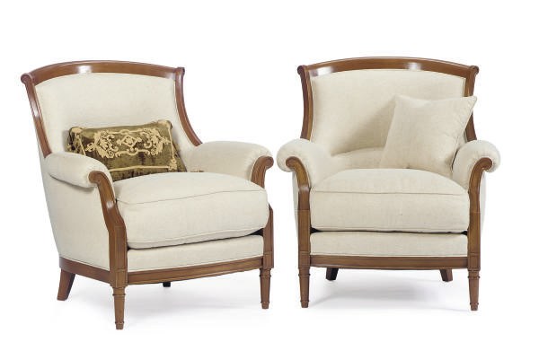 A PAIR OF BEECHWOOD AND UPHOLSTERED BERGERES,