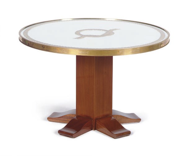 A BRASS-BANDED MAHOGANY AND GILT-DECORATED MIRRORED SIDE TABLE,