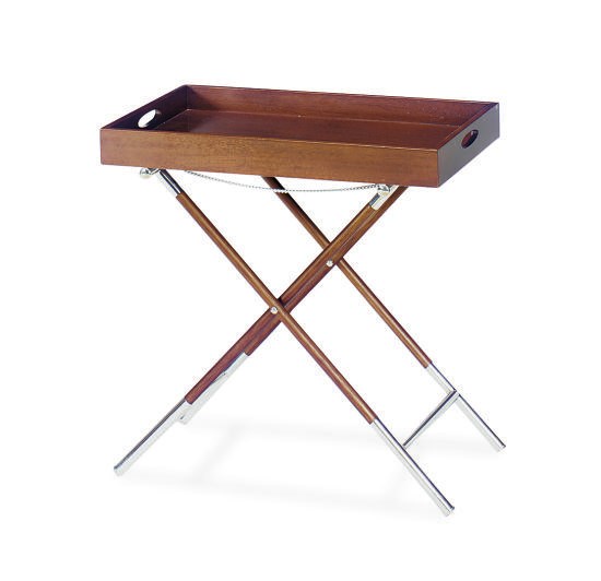 THREE CHROMED-METAL AND MAHOGANY BUTLER'S TRAYS-ON-STANDS,