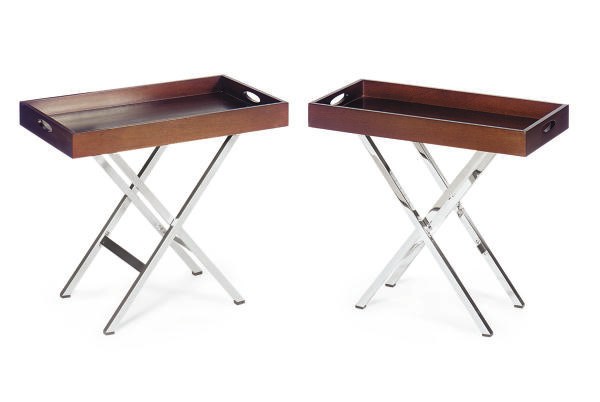 THREE MAHOGANY AND CHROMED-METAL BUTLER'S TRAYS-ON-STANDS,
