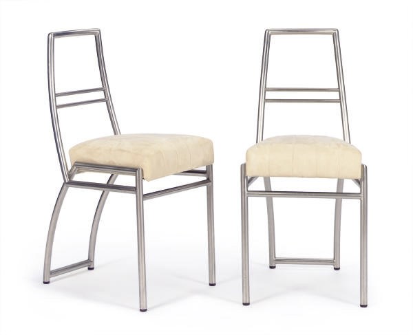 A SET OF FOUR BRUSHED-ALUMINUM AND SUEDE-UPHOLSTERED SIDE CHAIRS,