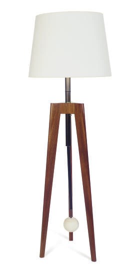 A WALNUT AND BRONZED-METAL TRANSOM-FORM FLOOR LAMP,