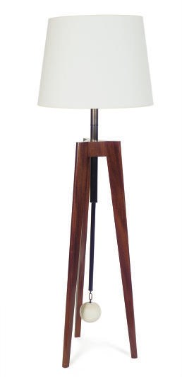 A WALNUT AND BRONZED-METAL TRANSOM-FORM FLOOR LAMP,