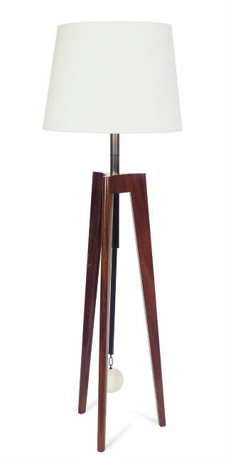 A WALNUT AND BRONZED-METAL TRANSOM-FORM FLOOR LAMP,