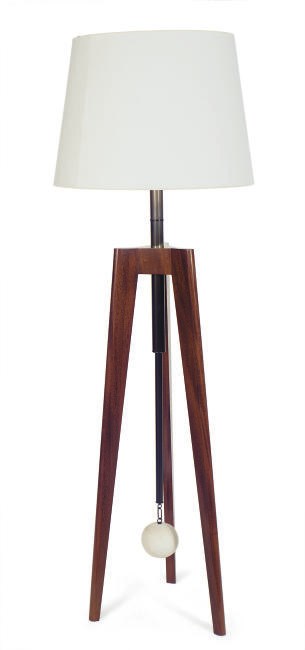 A WALNUT AND BRONZED-METAL TRANSOM-FORM FLOOR LAMP,