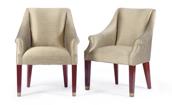 A SET OF SIX WALNUT AND UPHOLSTERED ARMCHAIRS,