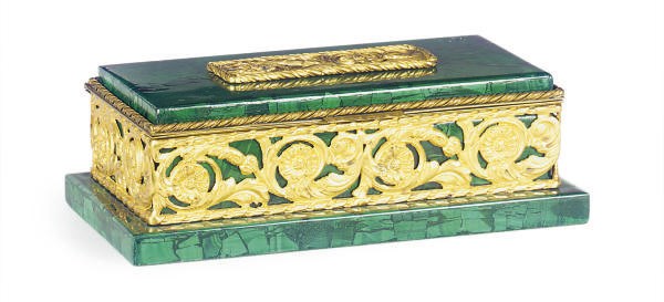 A GILT-METAL MOUNTED MALACHITE BIJOUTERIE BOX,