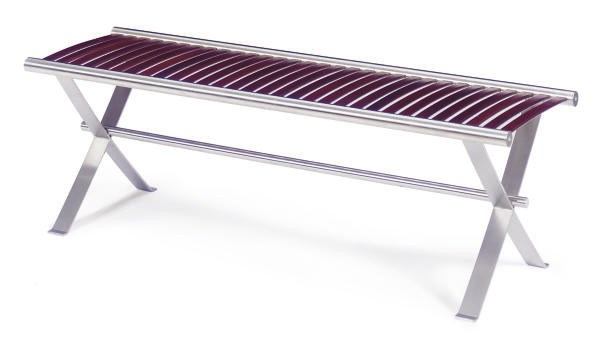 A BRUSHED-ALUMINUM AND MAHOGANY BENCH,