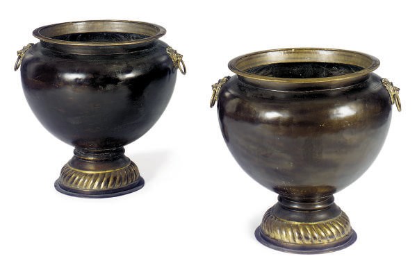 A PAIR OF PATINATED AND GILT-METAL JARDINIERES,