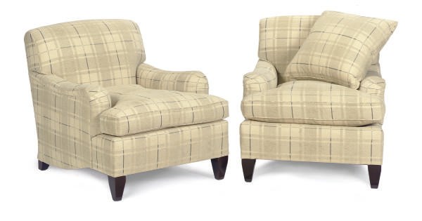 A PAIR OF STAINED WOOD AND UPHOLSTERED LOUNGE CHAIRS,