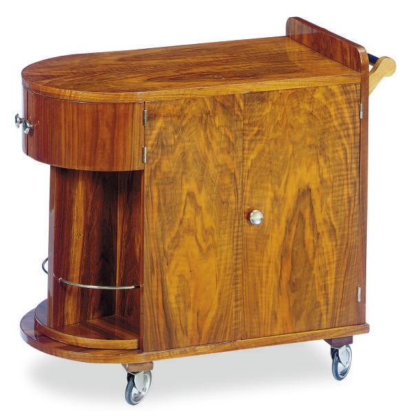 A CHROMED-METAL AND WALNUT SERVING CART,