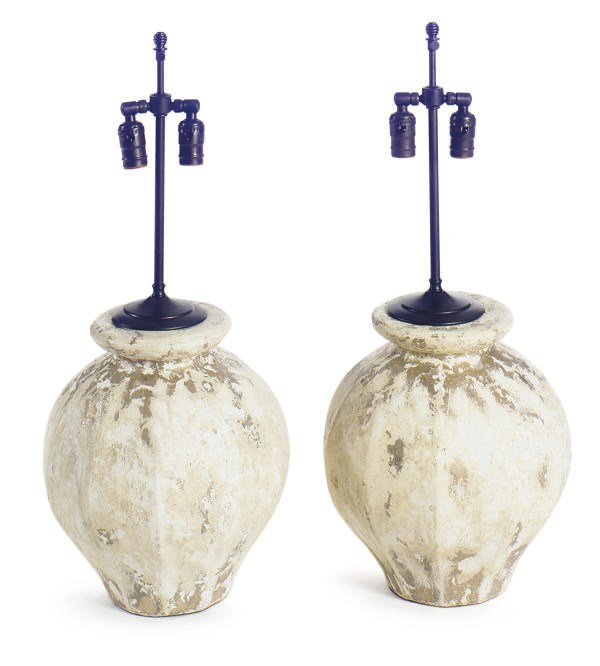 A PAIR OF WHITE AND GILT-GLAZED EARTHENWARE VASES MOUNTED AS TABLE LAMPS,