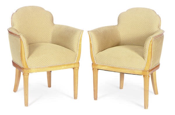 A PAIR OF FRENCH ART DECO SYCAMORE AND UPHOLSTERED BERGERES,
