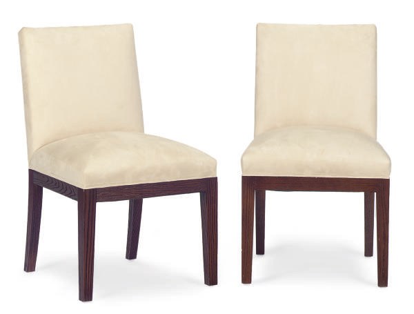 A SET OF FOUR STAINED OAK AND SUEDE-UPHOLSTERED SIDE CHAIRS,