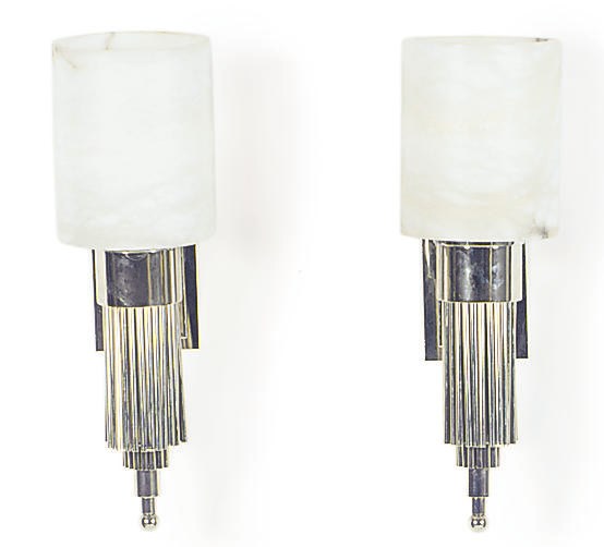 A PAIR OF CHROMED-METAL AND ALABASTER WALL LIGHTS,