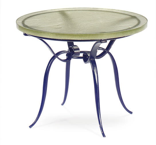 AN ENAMELED METAL AND GLASS CIRCULAR LOW TABLE,