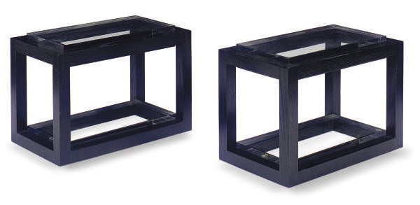 A PAIR OF EBONIZED OAK AND LUCITE SIDE TABLES,
