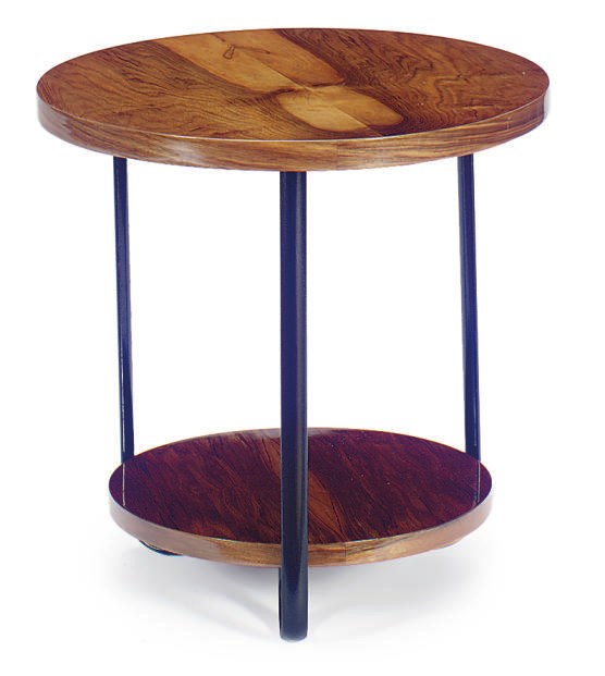 A WALNUT AND ENAMELED METAL SIDE TABLE,