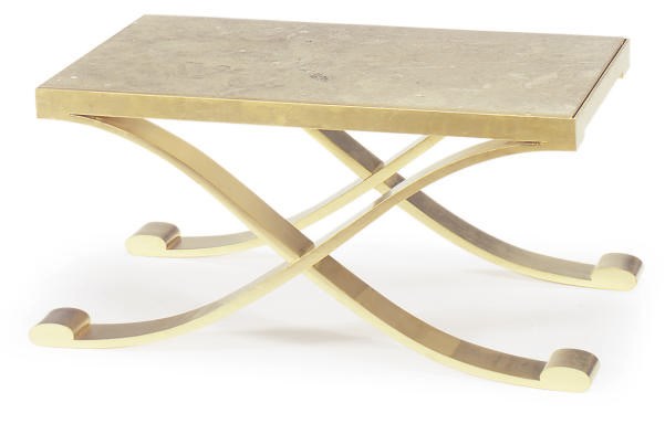 A GILT-BRONZE AND MARBLE CURULE FORM LOW TABLE,