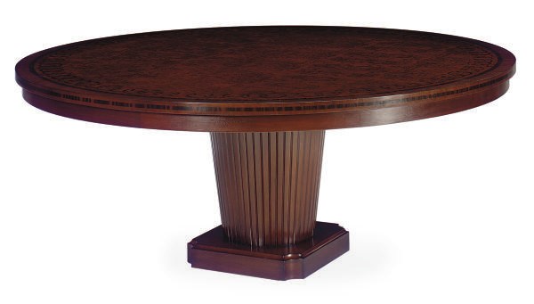 AN INLAID WALNUT CIRCULAR DINING TABLE,