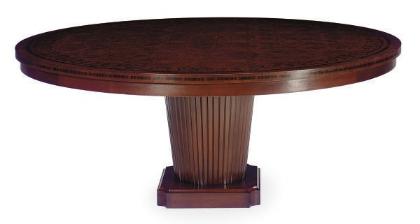 AN INLAID WALNUT CIRCULAR DINING TABLE,